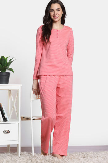 Buy Zivame Cozy Stripes Knit Cotton Pyjama Set - Desert Flower